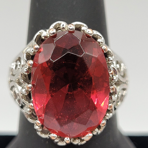 Pink Faceted Glass Simulated Gemstone Large Stone Silver Tone Ornate Ring Size 9 - Picture 8 of 20