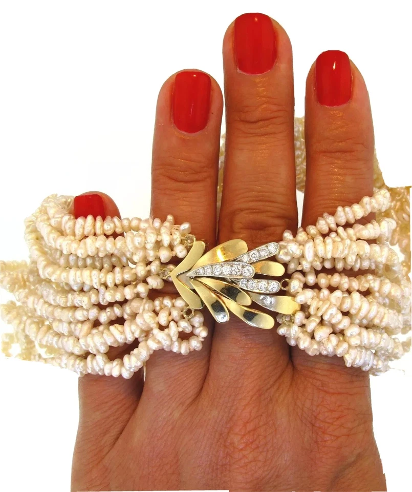 14K Yellow White Gold 0.6ctw Diamond Clasp Choker Necklace 11 Strand Keshi Pearl - Image 4 of 4