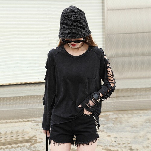 Punk Tattered Tassel Distressed Sexy Women's Personalized Long Sleeved T-Shirt - Picture 7 of 16