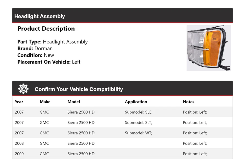 Conjunto de faros izquierdo para GMC Sierra 2500 HD 2007-2009 2008 Dorman Foto 2 de 4