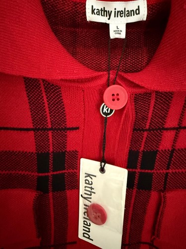 Kathy Ireland Red & Black Plaid Knit Shirt Jacket, Size Large, Collared Neck - Picture 3 of 8