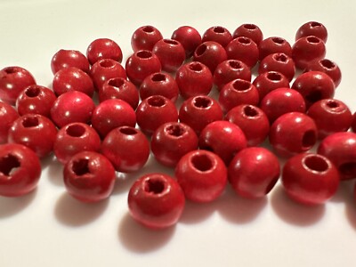 100 Lot Bright Red Wood Wooden Beads 8MM Round Vintage Japan - Main Image