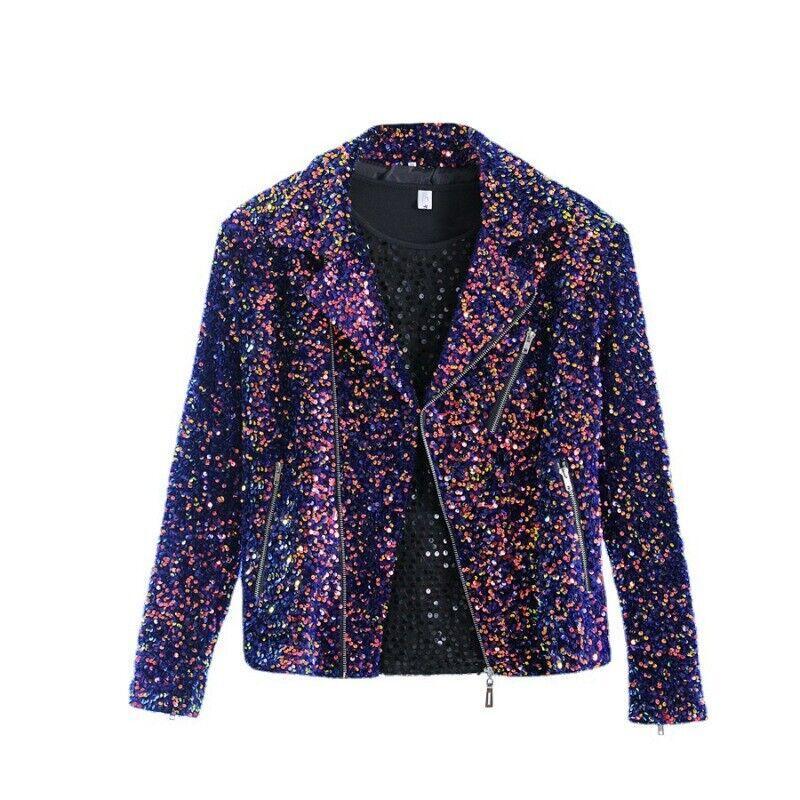 Sequins Mens Glitter Short Jacket Slim Fit Coats Lapel Biker Zip