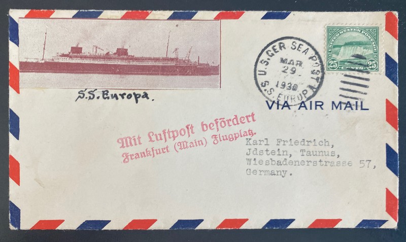 1930 USA Catapult Flight Airmail Cover D Europa to Jdstein Germany Ship To Shore
