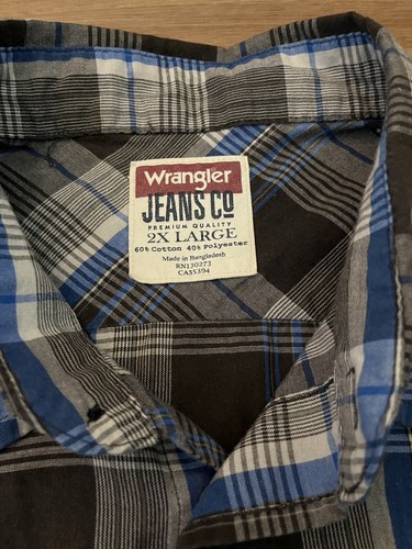 Wrangler Jeans Co Mens Pearl Snap Western Shirt Size 2XL Blue Plaid Long Sleeve - Picture 2 of 6