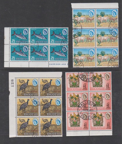 Rhodesia 1964 Used CTO Blocks Definitive Set Emeralds Fish Crest Guineafowl Lily - Picture 4 of 4