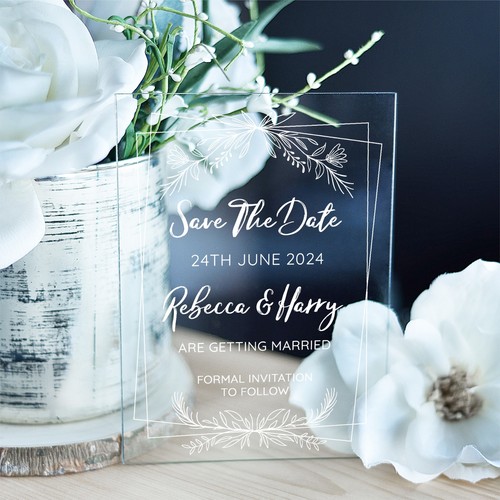 White Deco Line Frame Acrylic Clear Luxury Wedding Save The Date Invite Cards - Picture 2 of 6
