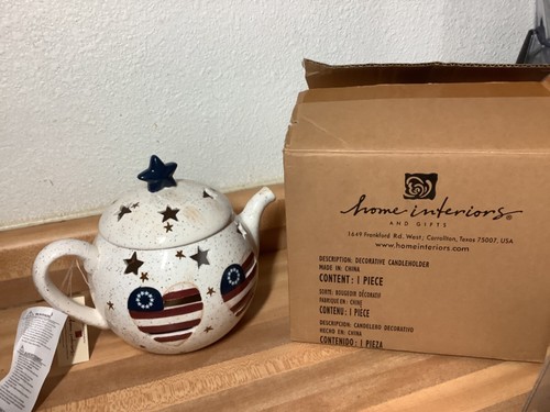 Home Interiors Patriotic Candle Holder Ceramic Teapot w /Lid & Original Box - Picture 4 of 13
