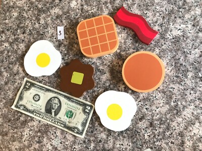 MELISSA & DOUG   UNIQUE 6 PC - 2 SIDED BREAKFAST   WOOD BACON EGG WAFFLES  