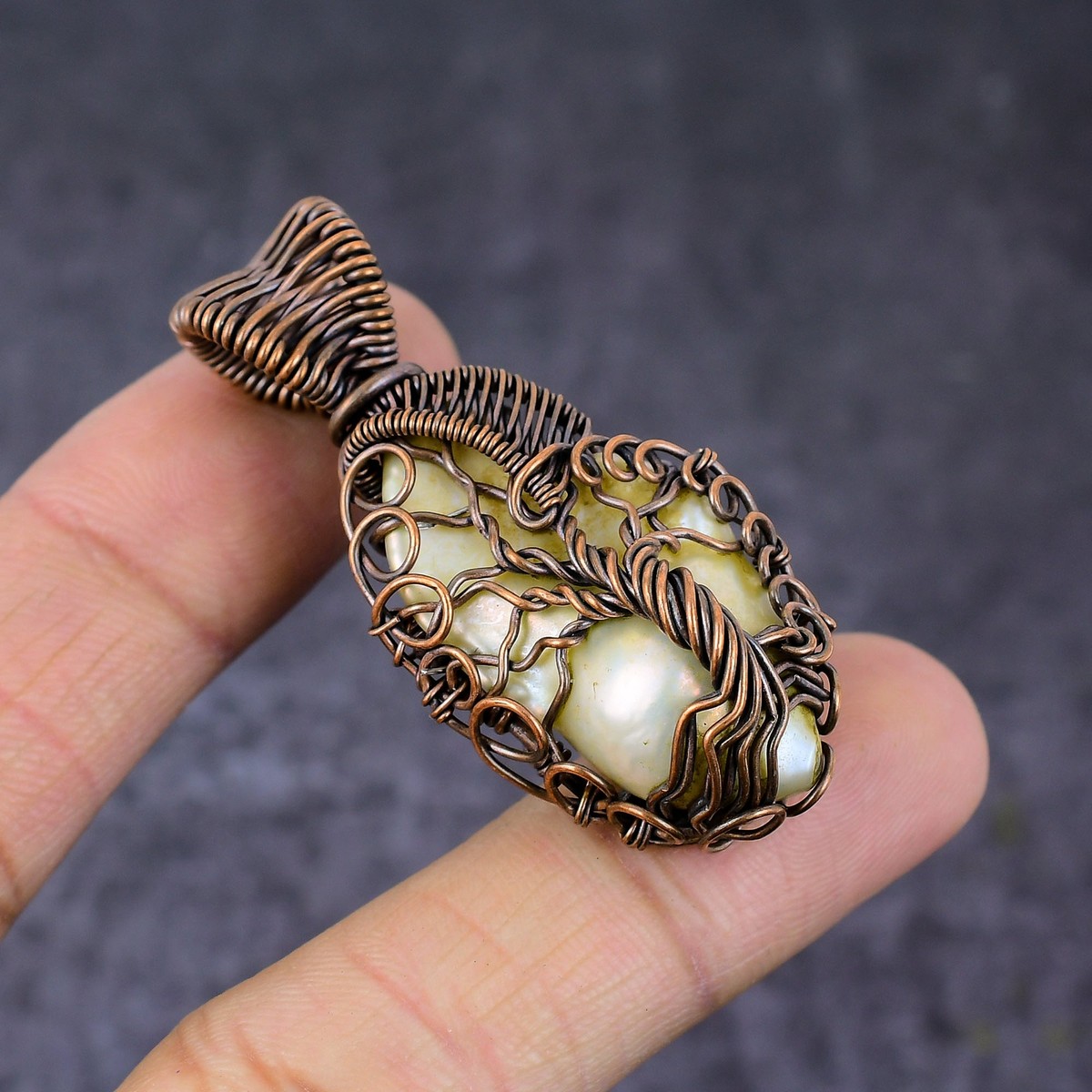 Biwa Pearl Gemstone Handmade Copper Wire Wrap Tree Of Life Pendant  n666