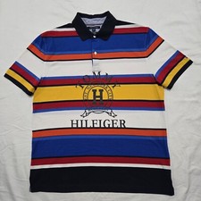 EUC Mens XL Tommy Hilfiger Polo Logo Seal Spell Out Striped Shirt Multicolor Y2K
