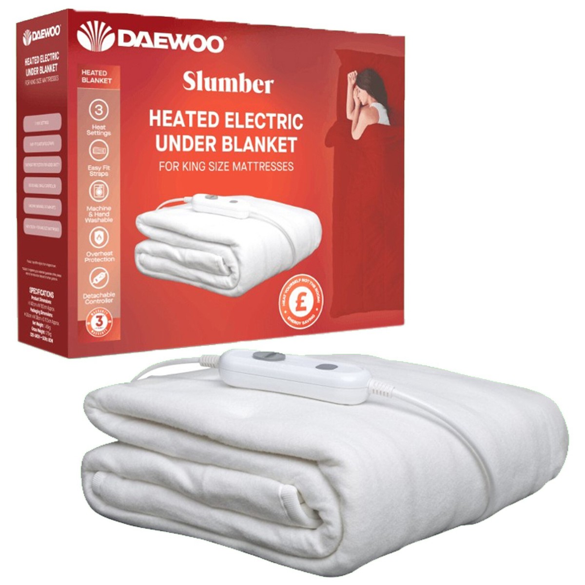 Daewoo Electric Heated Underblanket Heat Settings King Size 142cm x 150cm