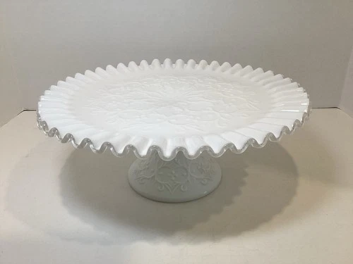 Vintage Fenton Spanish Lace Pedestal Cake Stand Silver Crest Milk Glass
