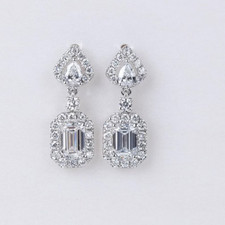 6Ct Emerald-Cut Lab Grown Diamond Halo Drop Dangle Stud Earrings 14K White Gold