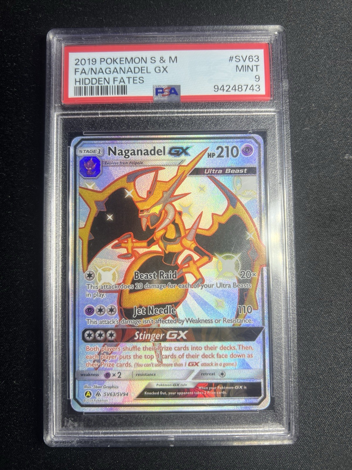 Pokémon Naganadel GX TCG SV63/SV94 Hidden Fates Shiny Vault PSA 9