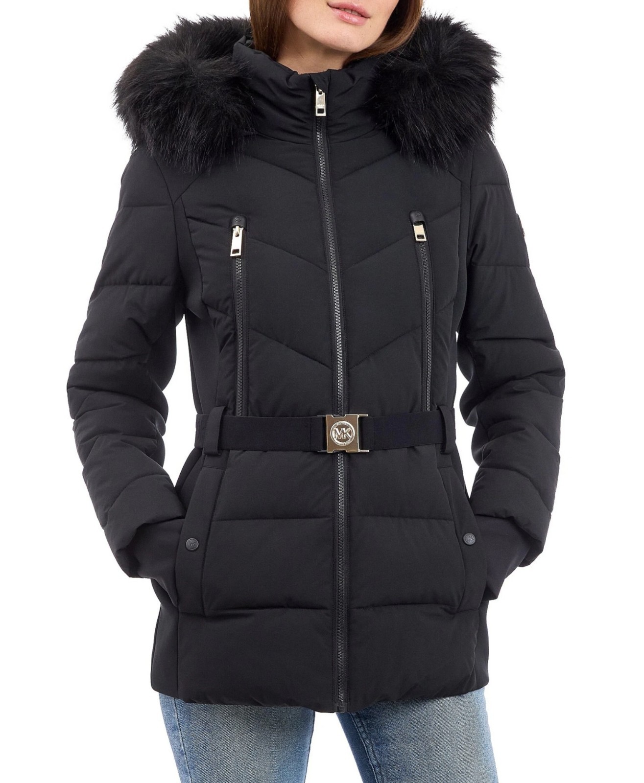 Michael Kors Puffer Coat Womens Sz 3X NEW Winter Fur MK Jacket Black Hooded