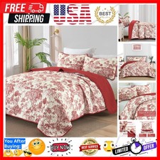 Botanical Quilt Set King Size, Christmas Red 3 Pieces Floral Plants Printed B...