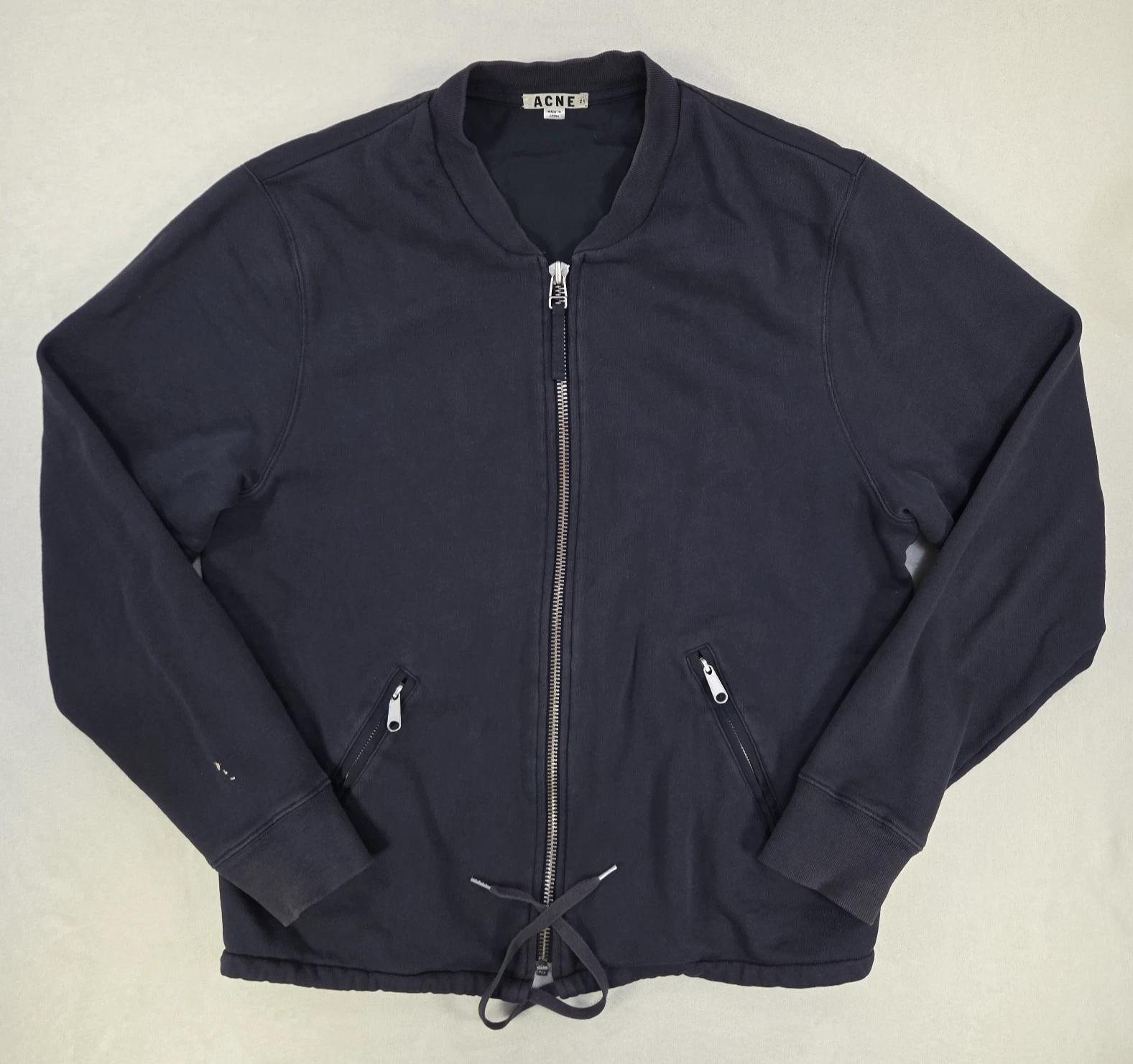 Acne Studios Denzel Bomber Jacket Mens XL Navy Blue Full Zip Drawstring Stained image 1