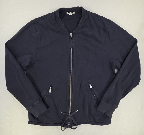 Acne Studios Denzel Bomber Jacket Mens XL Navy Blue Full Zip Drawstring Stained