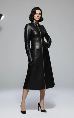 LG1428 Elegant Black Real Leather Long Coat Women   Full-Length Zip Front Luxury