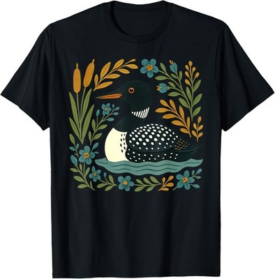 Boho Floral Folk Art Bird Loon Gardner Birder Nature Lovers T-Shirt