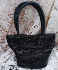 Black Satin Formal Evening Bag Clutch Sequin Beaded Purse VTG