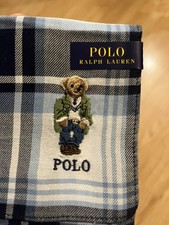 NEW Polo Ralph Lauren Bear Handkerchief Scarf Blue Plaid design Japan WOW