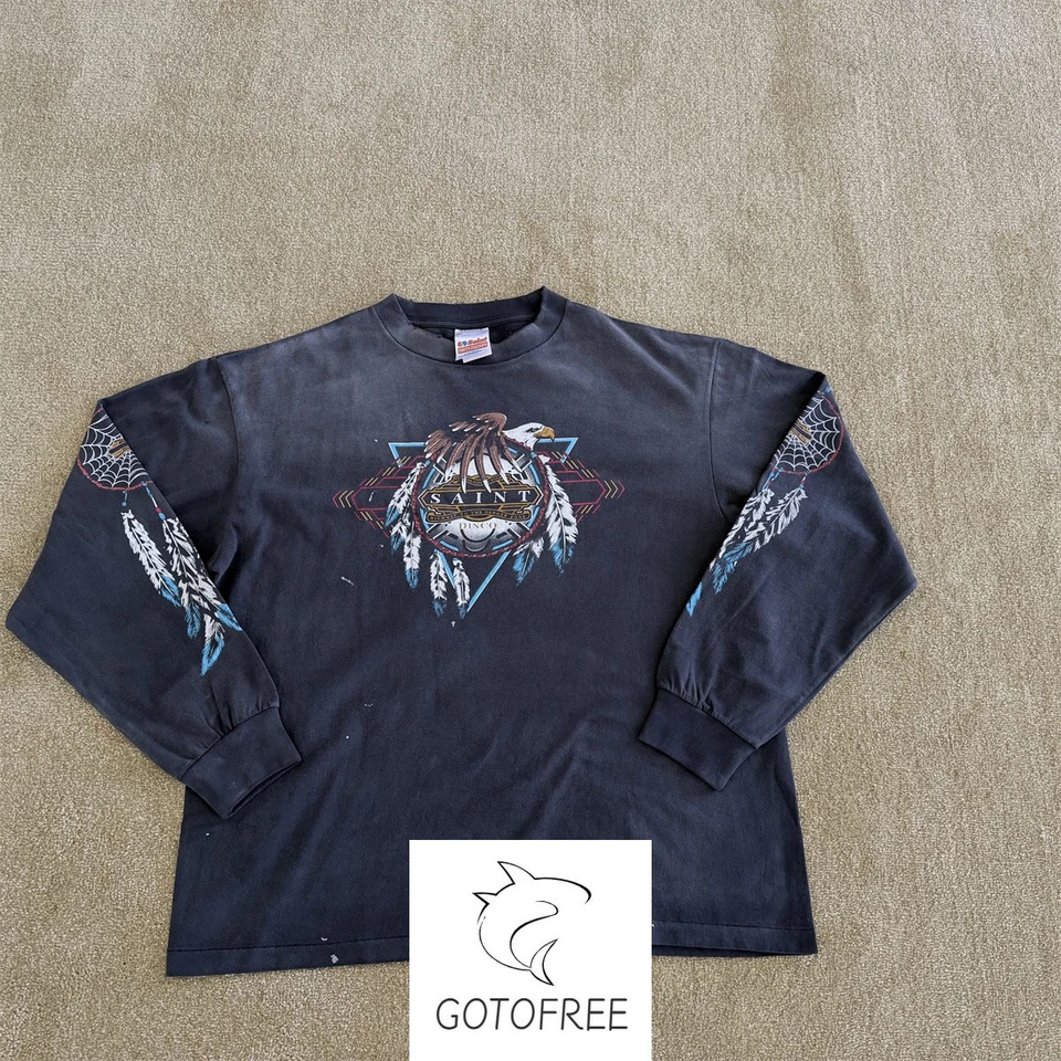GOTOFREE 25SS HOMBRE SANTO VINTAGE CAMISETA MANGA LARGA NEGRO ALGODÓN JUMPER TOP Foto 3 de 4