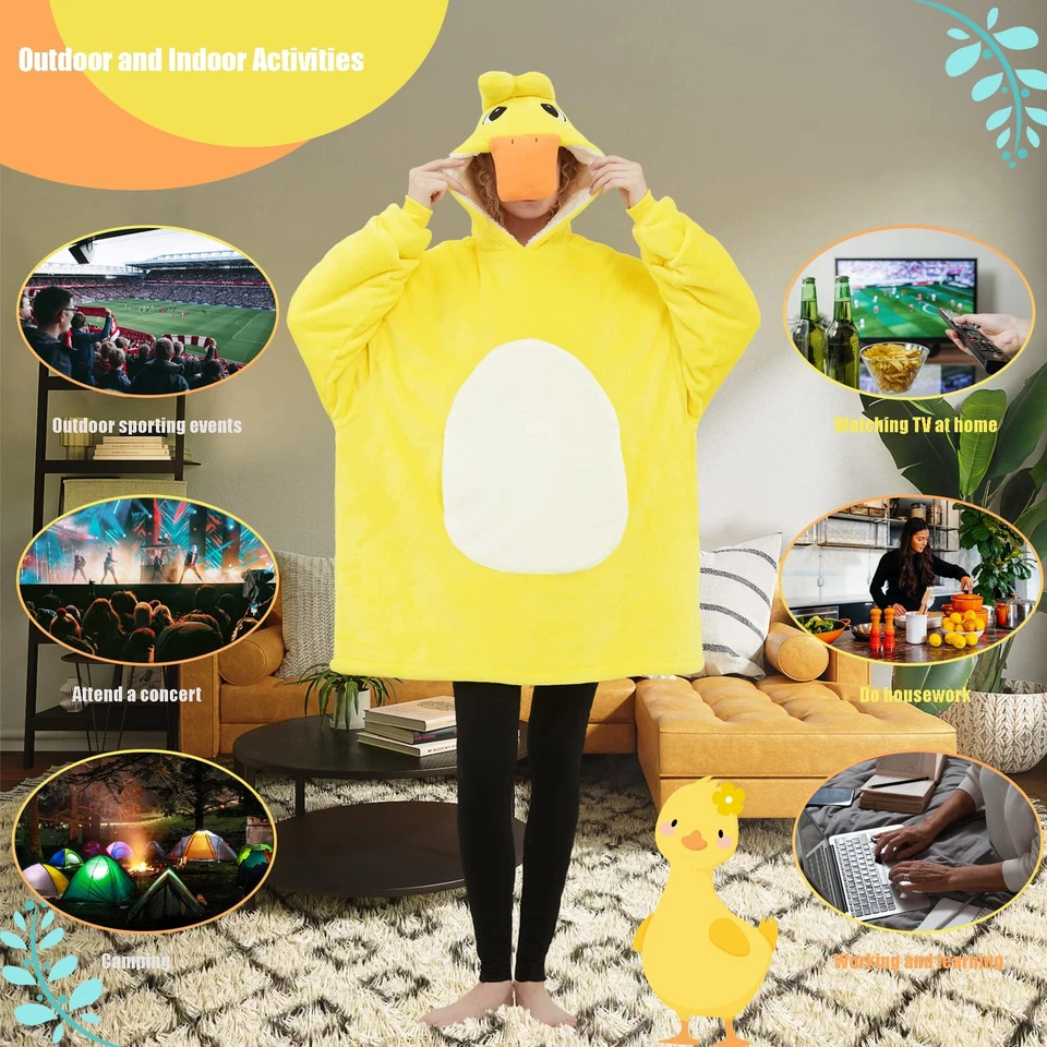 Unisex Lindo Pato Amarillo Cosplay Animal Pijama Acogedor Franela Sherpa Pullover A... Foto 4 de 4