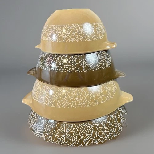 Vintage Pyrex Woodland Cinderella Bowl Set 4 Brown 1970s Nesting USA Clean