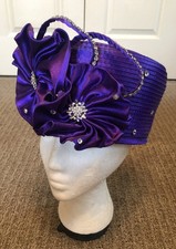 Vtg Women Hat Purple Satin Woven Pillbox Satin bow Rhinestones accents