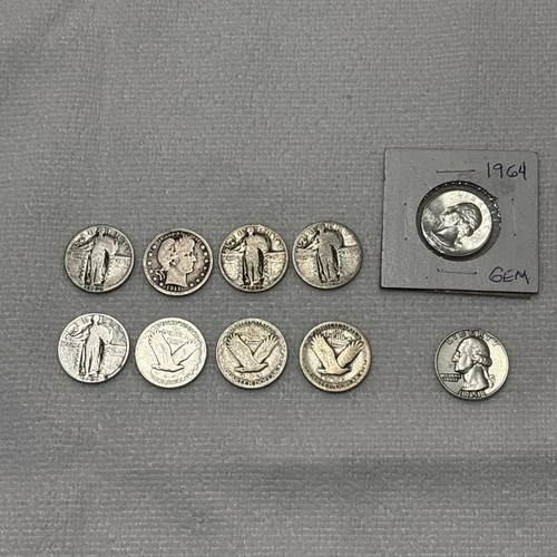 Lot Of 10 United States 90% Silver Quarters 7 Standing Liberty 1 Barber 2 Wash