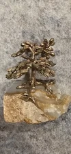 RARE AMARO SIGNED POLISHED STONE GOLD TONE METAL ROCK BONSAI TREE OF LIFE STATUE