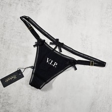 Frederick's of Hollywood Black Cotton G-String with VIP Print and Mini Lace Bows