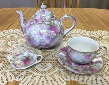 Lavendar And Pink Hydrangeas 4 Pc Porcelain Tea Set With Gold Gilding Vintage
