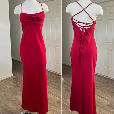 VTG Y2K Maxi Prom Dress Sz Medium Red Cowl Neck Lace Up Back Evening Long  Gown