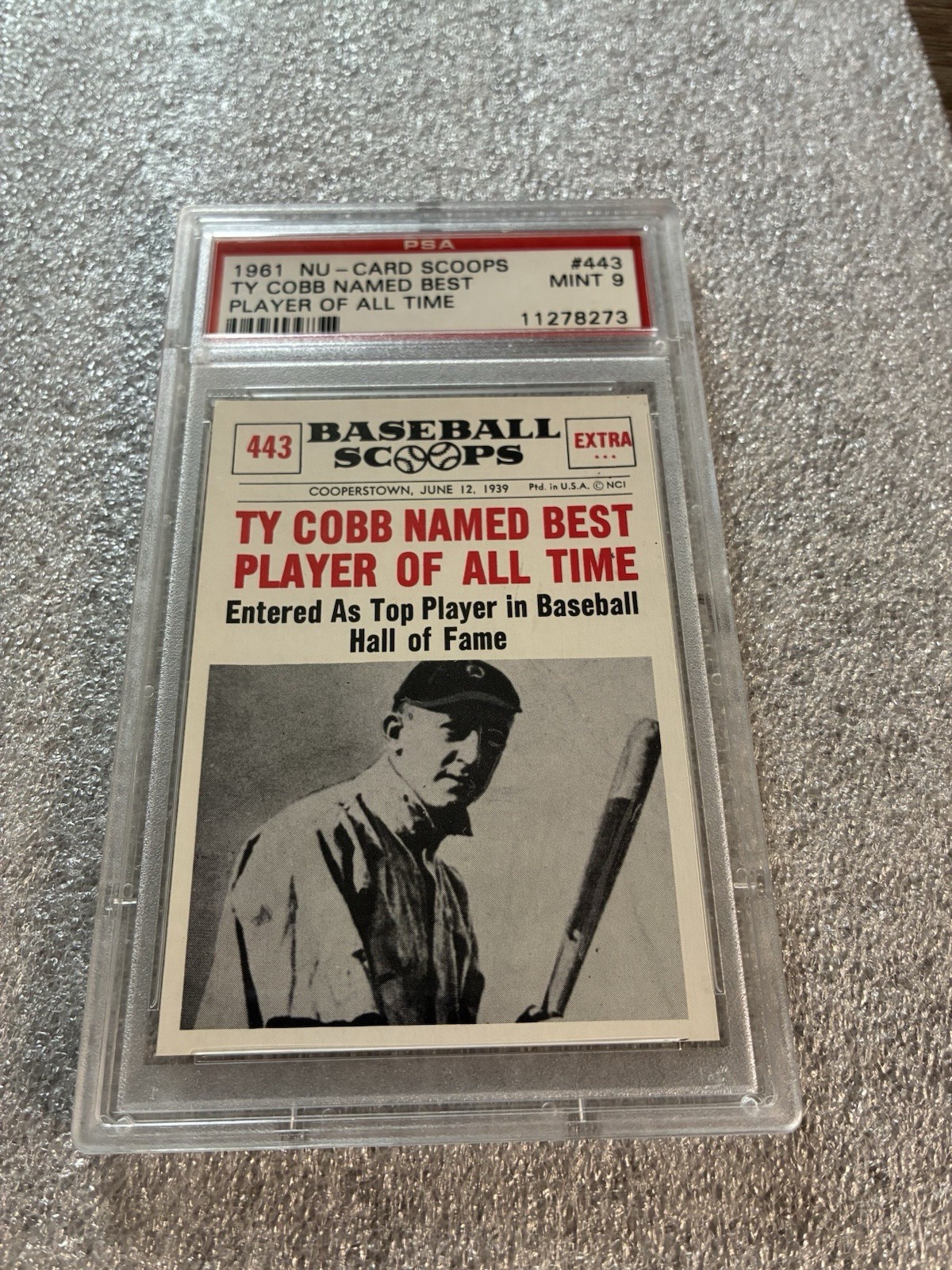 1961 Nu-Cards Scoops #443 PSA 9 Mint Ty Cobb Named Best Player Of All Time