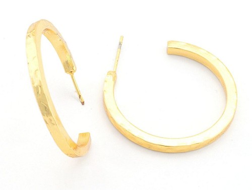1 pair Hoop hammered round earrings stud base Shiny gold tone 30mm 4265 - Picture 2 of 2