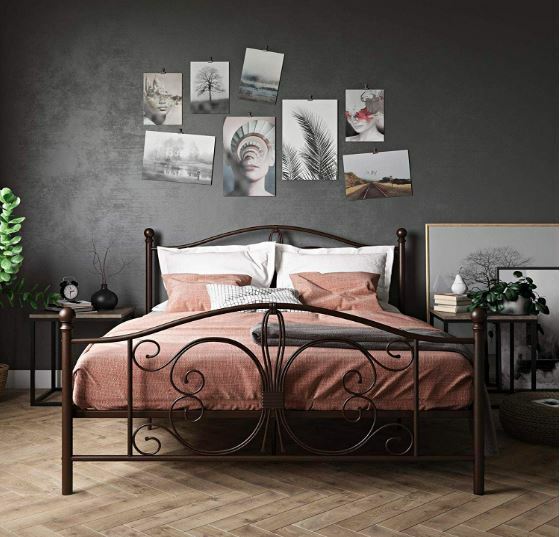 Queen Size Dark Bronze Vintage Curved Headboard Rustic Metal Bed