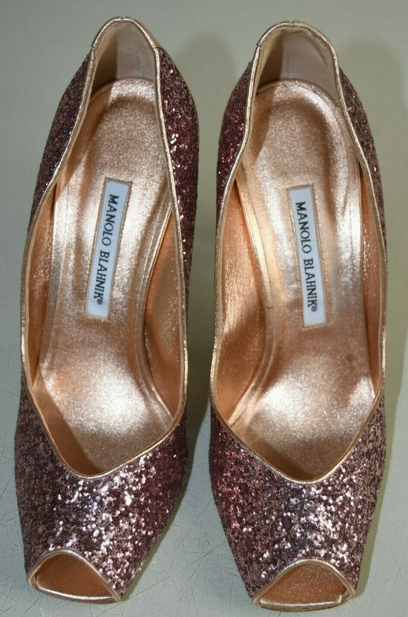 Escarpins Manolo Blahnik FATADUCABO 105 - Bout Ouvert Rose Or Paillettes, Taille 40, Neufs Avec Boîte