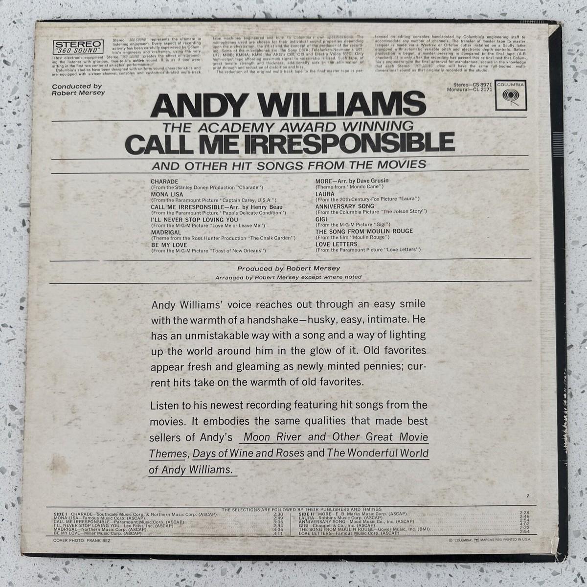 Andy Williams – Call Me Irresponsible - Stereo - Columbia CS 8971