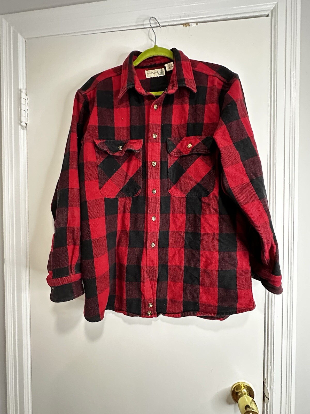 Flannel Shirt Red & Black Plaid Button Down Fieldmaster Heavy Weight Cozy. Sz: L