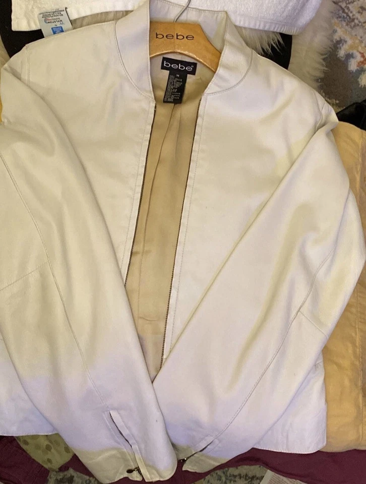 Bebe Genuine Leather Motorcycle Biker Jacket White Size M - Image 2 of 4