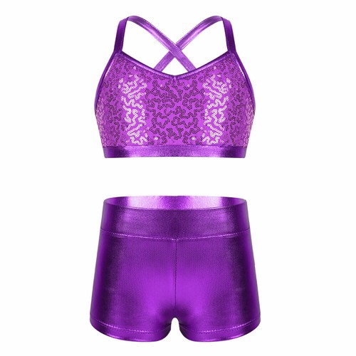 Kids Girls Dancewear Outfits Jazz Dance Gymnastics Shiny Sequins Tank Shorts - Picture 34 of 74