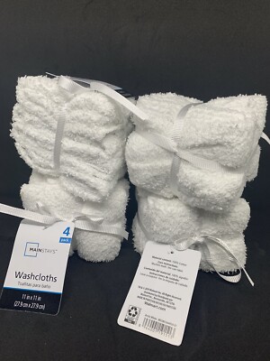 4 Packs (16) Mainstays Washcloths 11''x 11'' Cotton Wash Cloths White  NEW