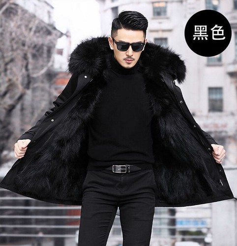 mens Faux mink fur lined long coat fur collar hooded Warm Winter parkas overcoat - Picture 4 of 40