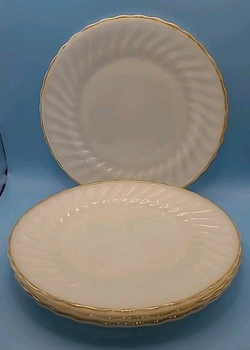 4 Vintage Fire-King White Swirl Dinner Plates 10” Milk Glass Gold Trim USA