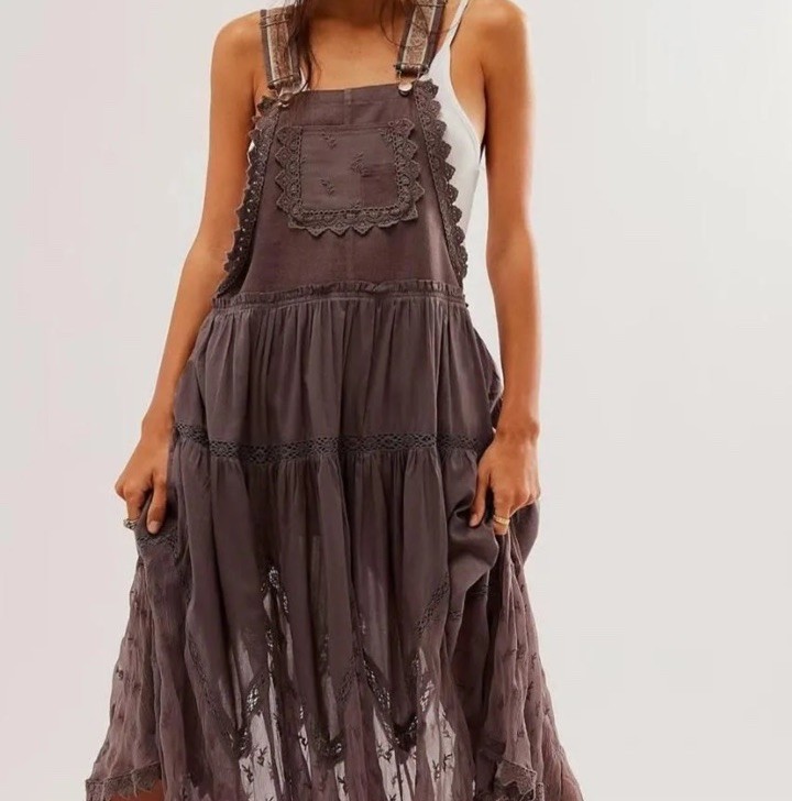 Free People Trails End Skirtall Lace Crochet Overalls Maxi Dress Size XL Brown