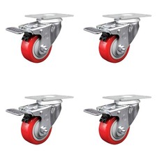 3 Inch Red Polyurethane Swivel Top Plate Caster Set with Total Lock Brake SCC