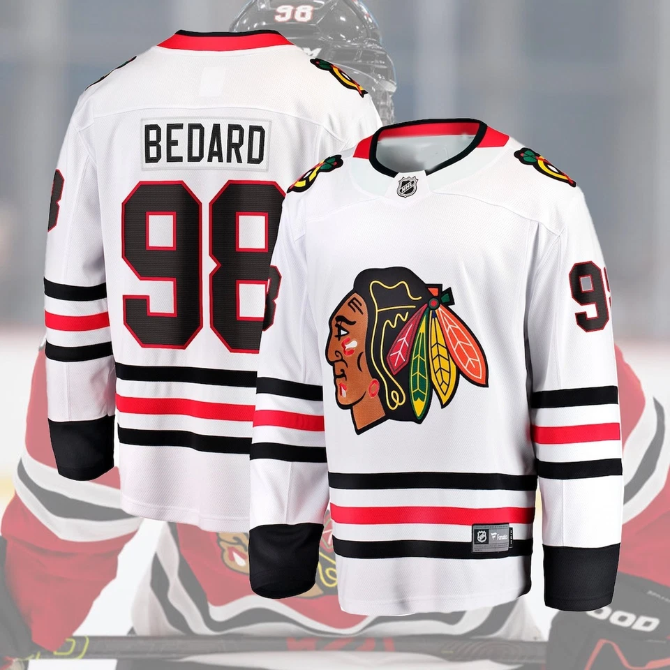 ¡LO ÚLTIMO! Cosido Connor #98 BEDARD Chicago Negro Nombre del Jugador, Número Regalo Fan Foto 2 de 4